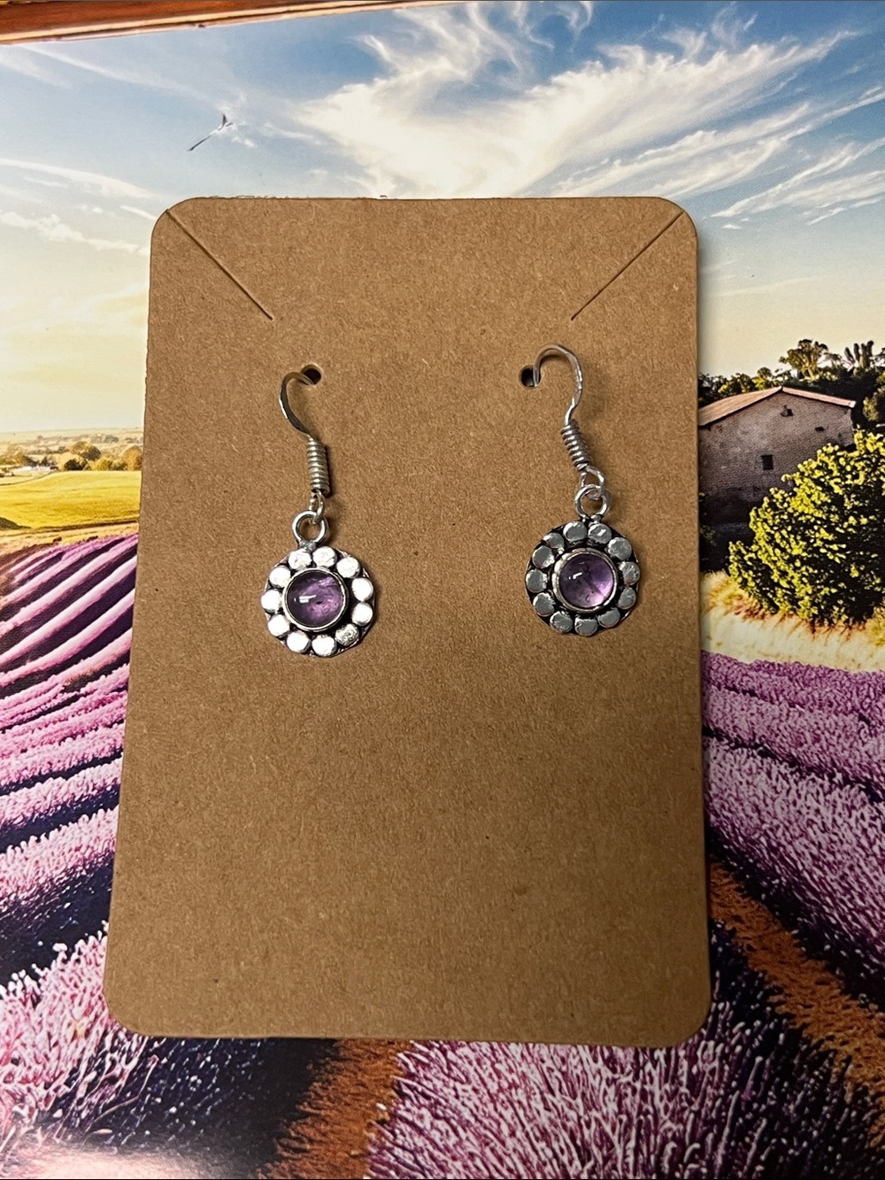 Silver-Tone Purple Amethyst Stone Floral Drop Earrings